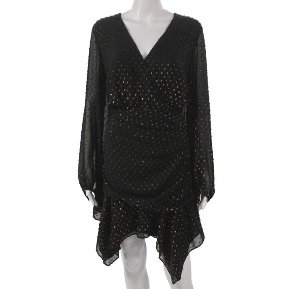 Haney Womens Wrap Dress Black Chiffon Polka Dot V-Neck Long Sleeve Size 10